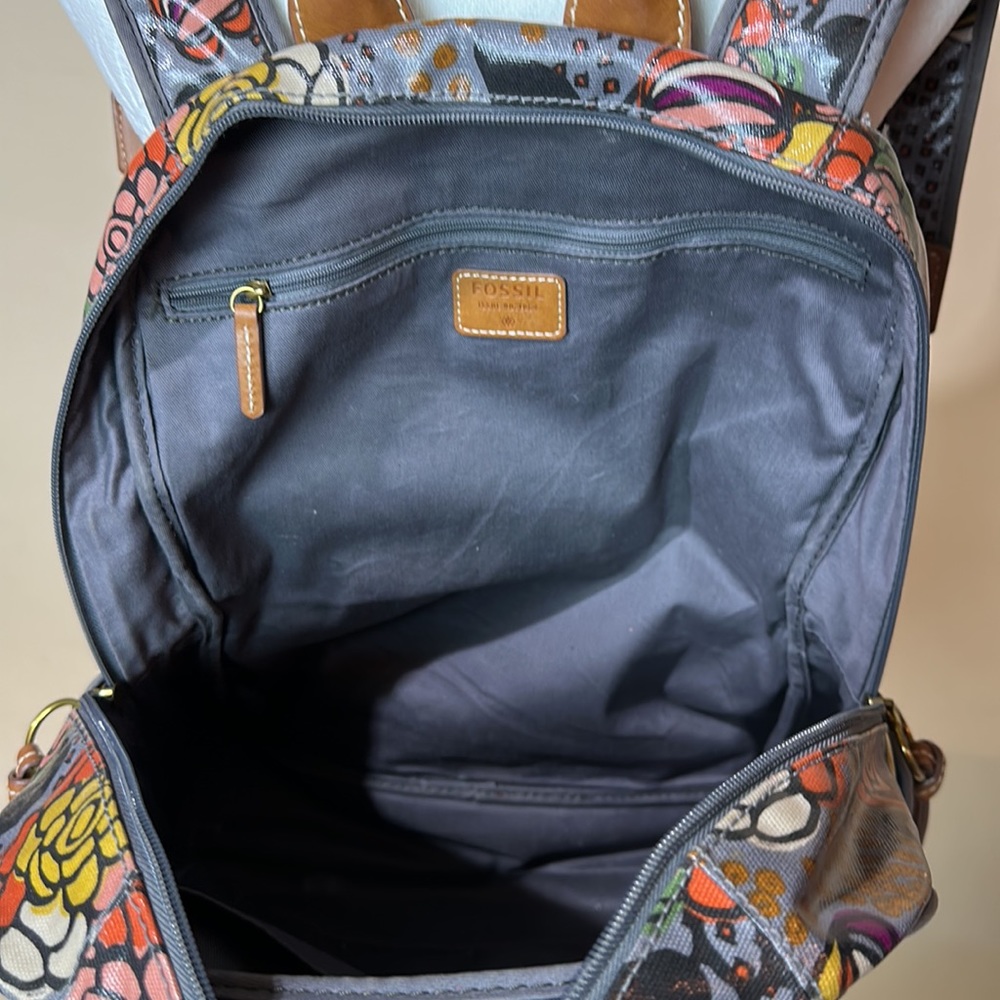 Fossil Multicolor Floral Canvas Backpack with Brown Trim - Picture 6 of 12